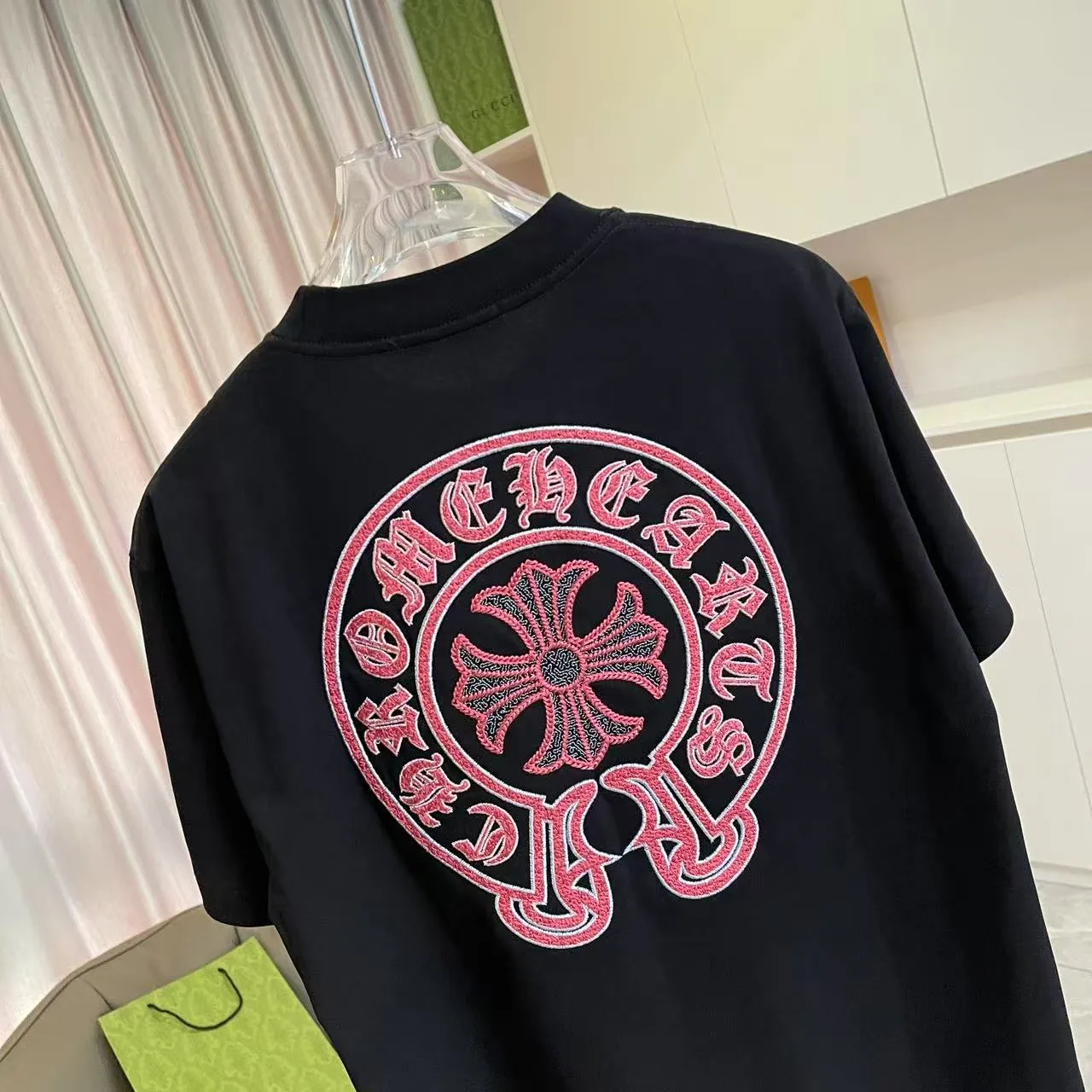 🅿️200 ch Cro* 2025 summer new style Sanskrit horseshoe cross cross vacuum embroidery short-sleeved t-shirt customized fabric 300g same style for men and women Size: S M L XL XXL Five codes Color: black white